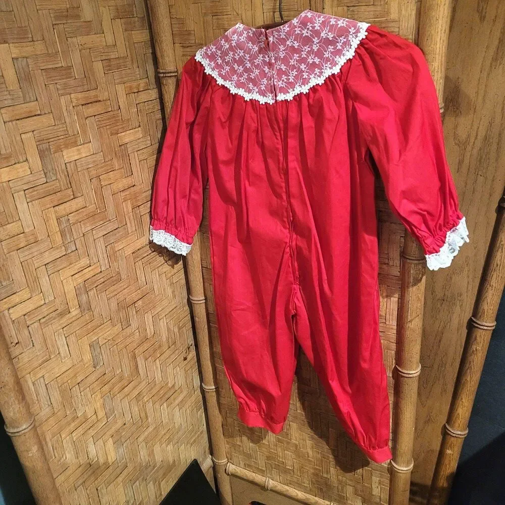 MINT Vtg 80s OOAK Red Christmas Toddler Romper Lace 4T One Piece Jumpsuit Outfit